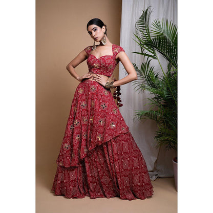 AHI Clothing Maroon Bandhani Digital Print Indo Lehenga with Blouse (Set of 2)