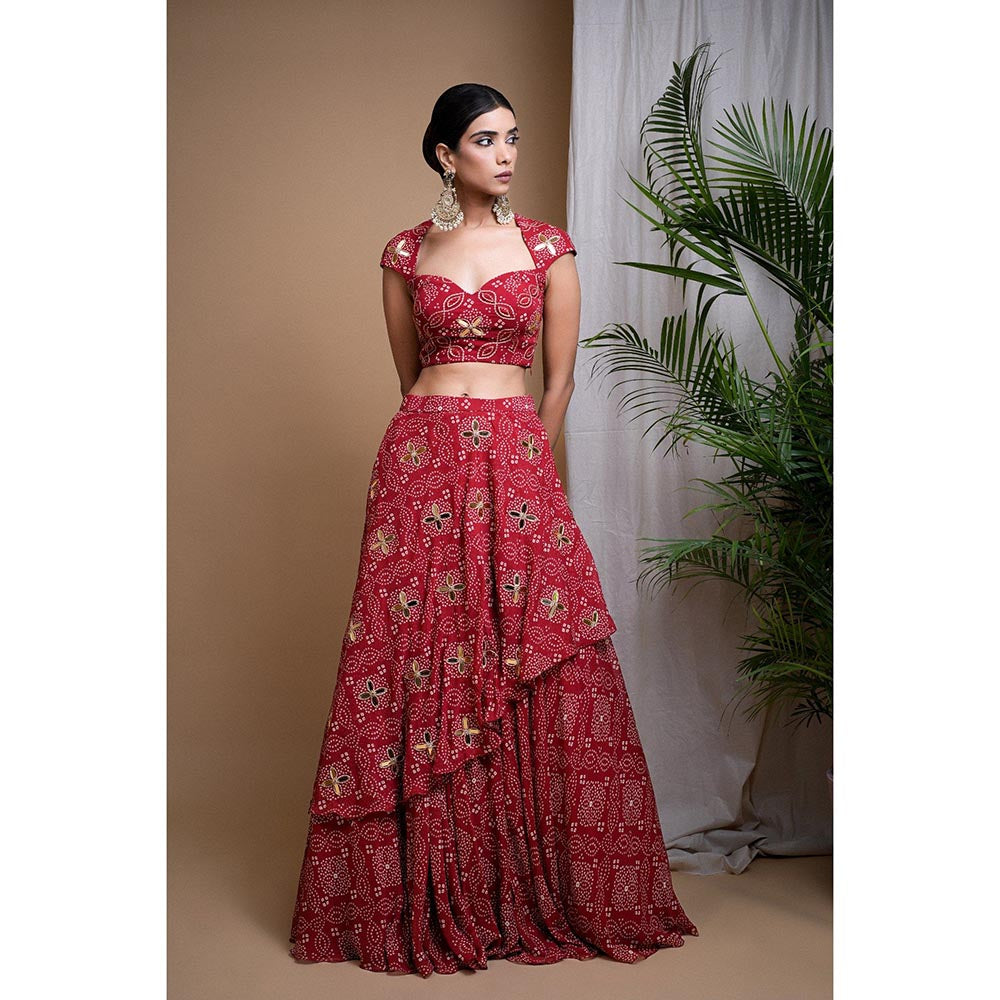 AHI Clothing Maroon Bandhani Digital Print Indo Lehenga with Blouse (Set of 2)