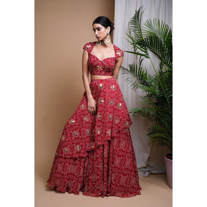 AHI Clothing Maroon Bandhani Digital Print Indo Lehenga with Blouse (Set of 2)
