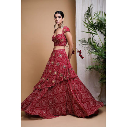 AHI Clothing Maroon Bandhani Digital Print Indo Lehenga with Blouse (Set of 2)