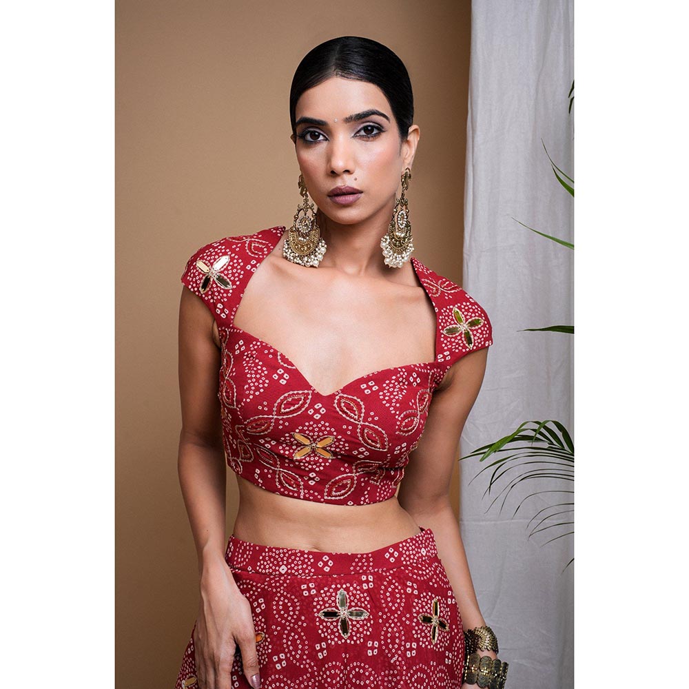 AHI Clothing Maroon Bandhani Digital Print Indo Lehenga with Blouse (Set of 2)