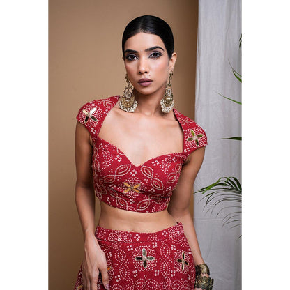 AHI Clothing Maroon Bandhani Digital Print Indo Lehenga with Blouse (Set of 2)