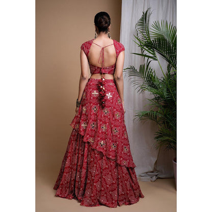 AHI Clothing Maroon Bandhani Digital Print Indo Lehenga with Blouse (Set of 2)
