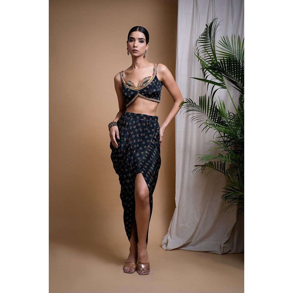 AHI Clothing Black Digital Print Indo Drape Blouse with Skirt (Set of 2)