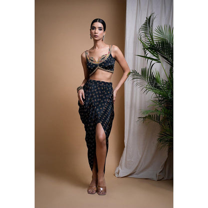 AHI Clothing Black Digital Print Indo Drape Blouse with Skirt (Set of 2)
