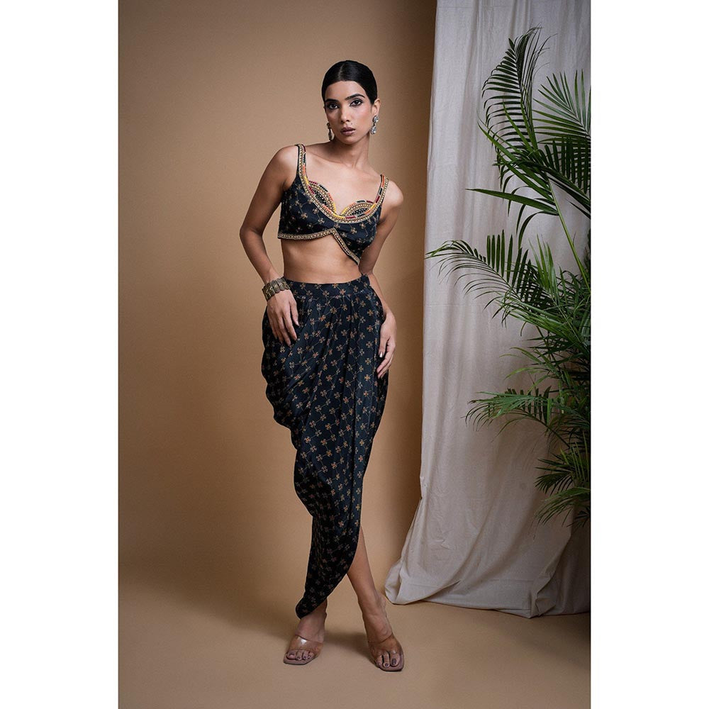 AHI Clothing Black Digital Print Indo Drape Blouse with Skirt (Set of 2)