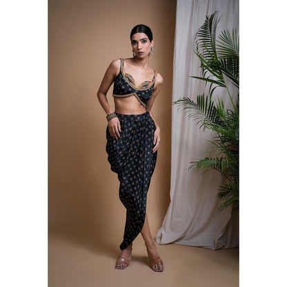 AHI Clothing Black Digital Print Indo Drape Blouse with Skirt (Set of 2)