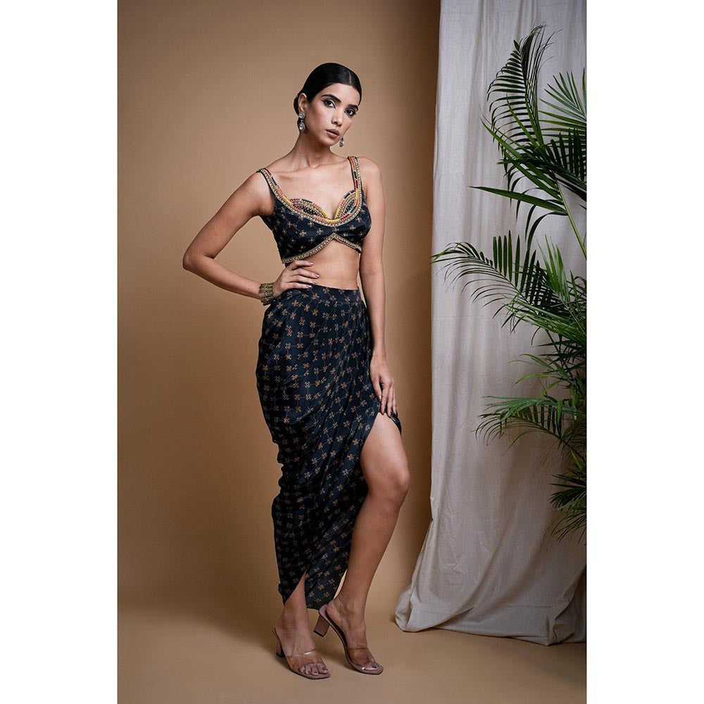 AHI Clothing Black Digital Print Indo Drape Blouse with Skirt (Set of 2)