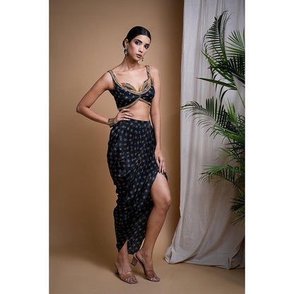 AHI Clothing Black Digital Print Indo Drape Blouse with Skirt (Set of 2)