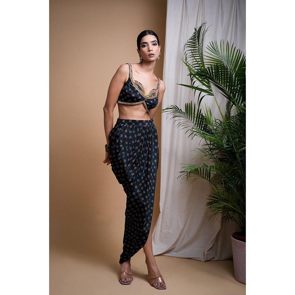 AHI Clothing Black Digital Print Indo Drape Blouse with Skirt (Set of 2)