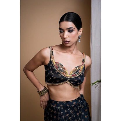 AHI Clothing Black Digital Print Indo Drape Blouse with Skirt (Set of 2)
