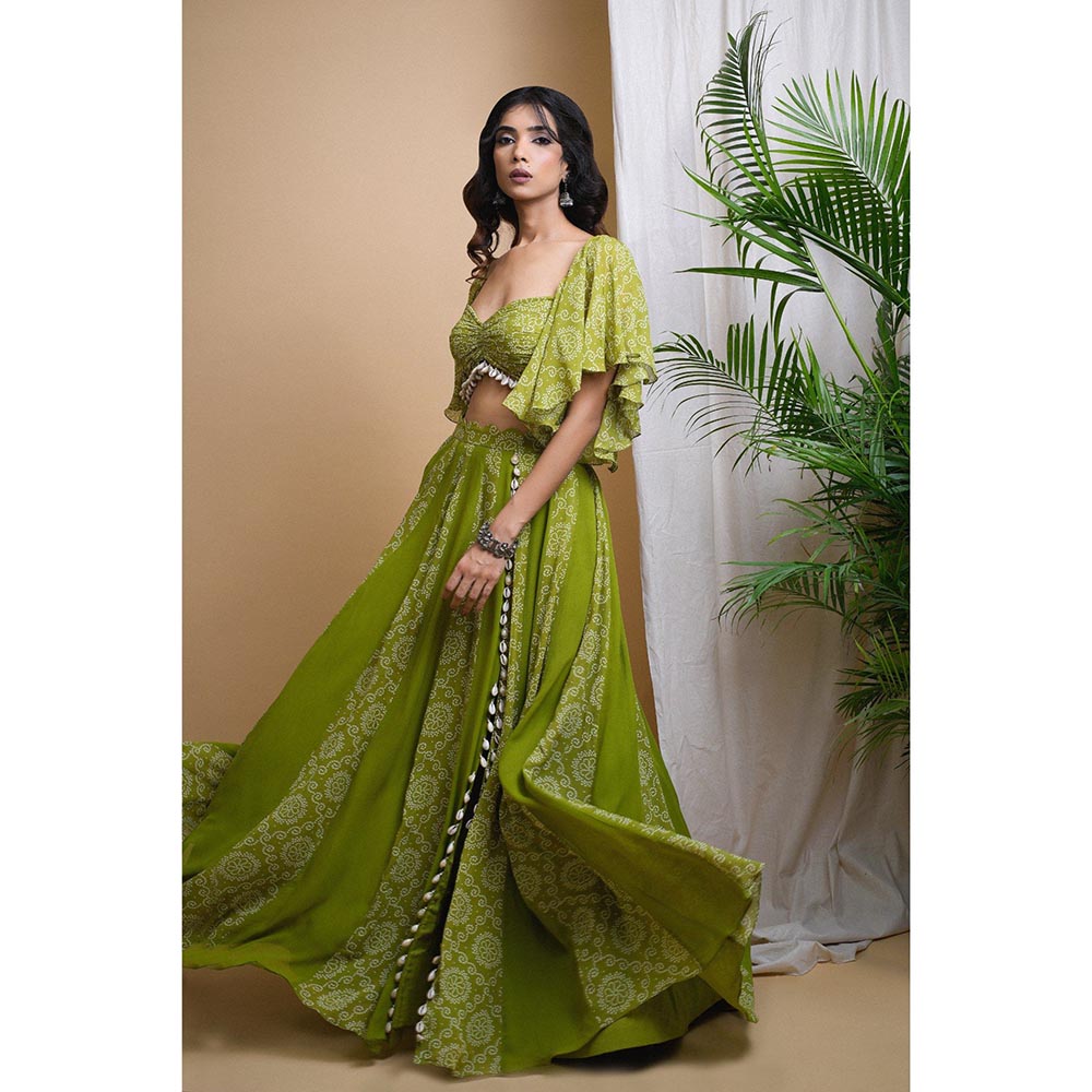 AHI Clothing Green Kaudi Digital Print Indo Skirt with Crop Top (Set of 2)