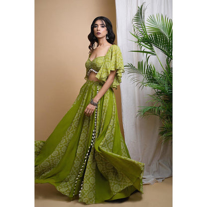 AHI Clothing Green Kaudi Digital Print Indo Skirt with Crop Top (Set of 2)