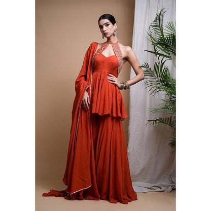 AHI Clothing Rust Orange Indo Anarkali Kurti with Sharara and Dupatta (Set of 3)