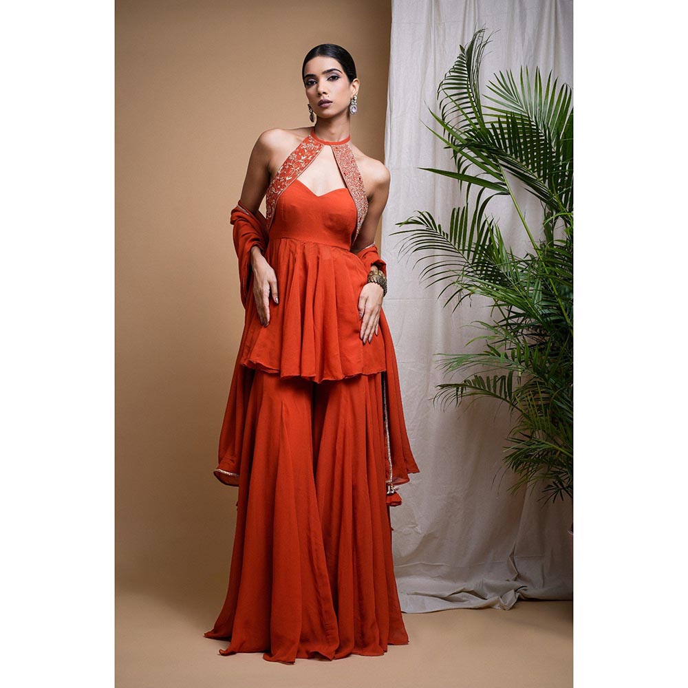 AHI Clothing Rust Orange Indo Anarkali Kurti with Sharara and Dupatta (Set of 3)