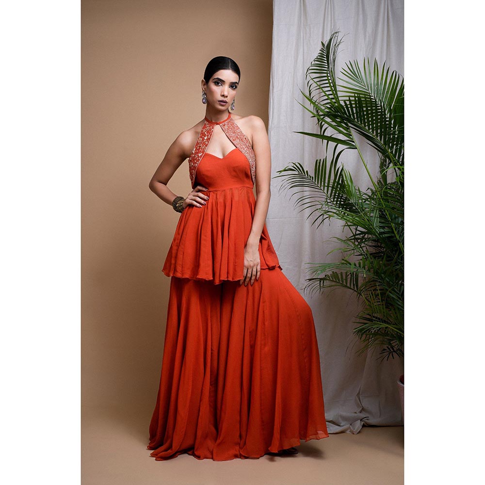 AHI Clothing Rust Orange Indo Anarkali Kurti with Sharara and Dupatta (Set of 3)