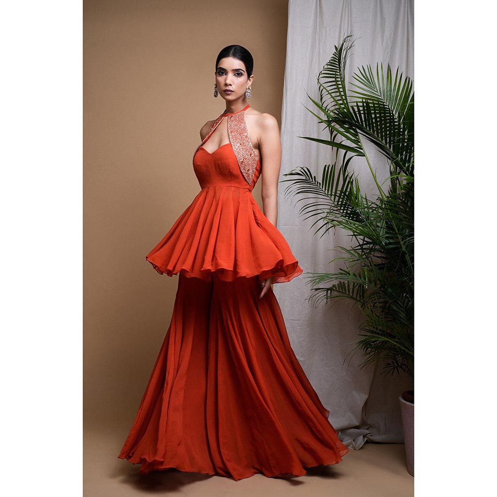 AHI Clothing Rust Orange Indo Anarkali Kurti with Sharara and Dupatta (Set of 3)