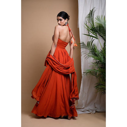 AHI Clothing Rust Orange Indo Anarkali Kurti with Sharara and Dupatta (Set of 3)