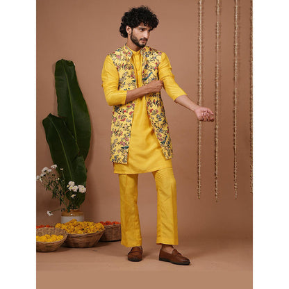 AHI Clothing Yellow Crepe Mandarin Neck Printed Jacket With Kurta And Pyjama