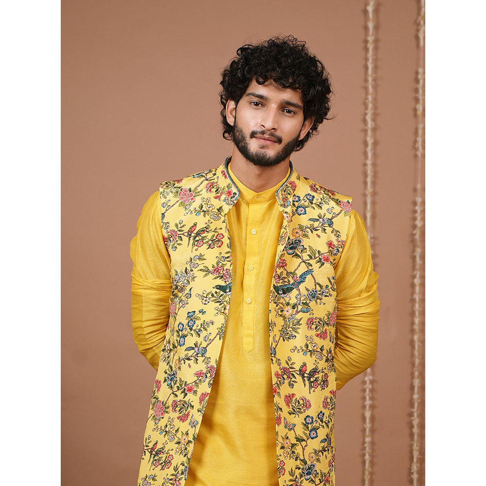 AHI Clothing Yellow Crepe Mandarin Neck Printed Jacket With Kurta And Pyjama