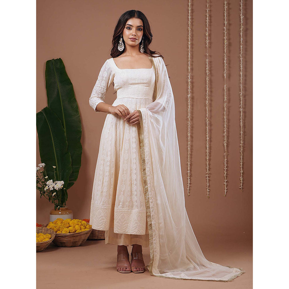 AHI Clothing Ivory Chikankari Square Neck Floral Anarkali with Palazzo and Dupatta