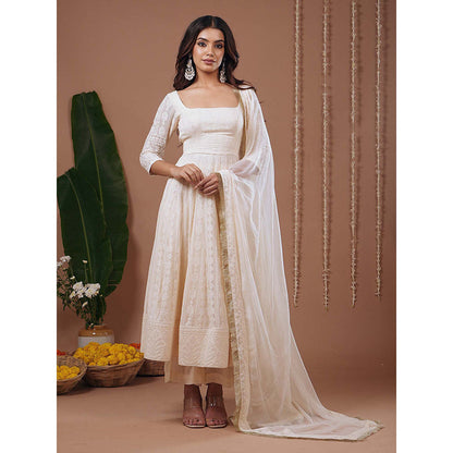 AHI Clothing Ivory Chikankari Square Neck Floral Anarkali with Palazzo and Dupatta
