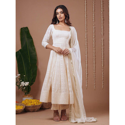 AHI Clothing Ivory Chikankari Square Neck Floral Anarkali with Palazzo and Dupatta