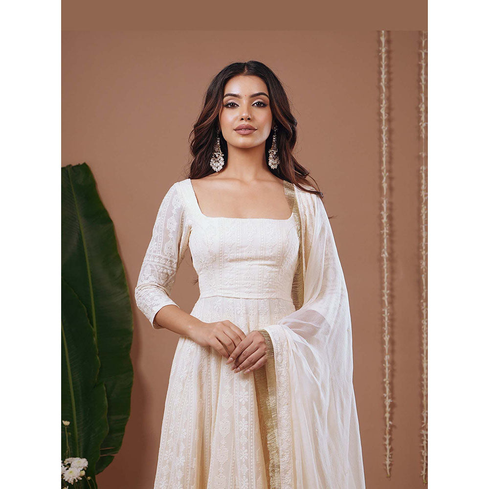 AHI Clothing Ivory Chikankari Square Neck Floral Anarkali with Palazzo and Dupatta