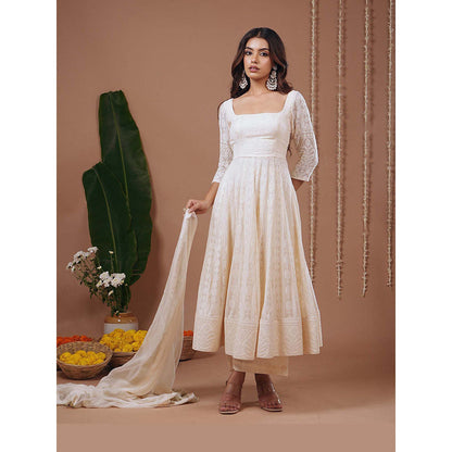 AHI Clothing Ivory Chikankari Square Neck Floral Anarkali with Palazzo and Dupatta