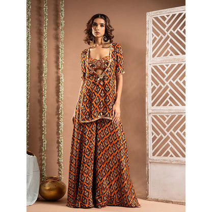 AHI Clothing Black Crepe Sweetheart Printed Kurta with Blouse and Palazzo