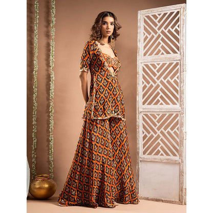 AHI Clothing Black Crepe Sweetheart Printed Kurta with Blouse and Palazzo