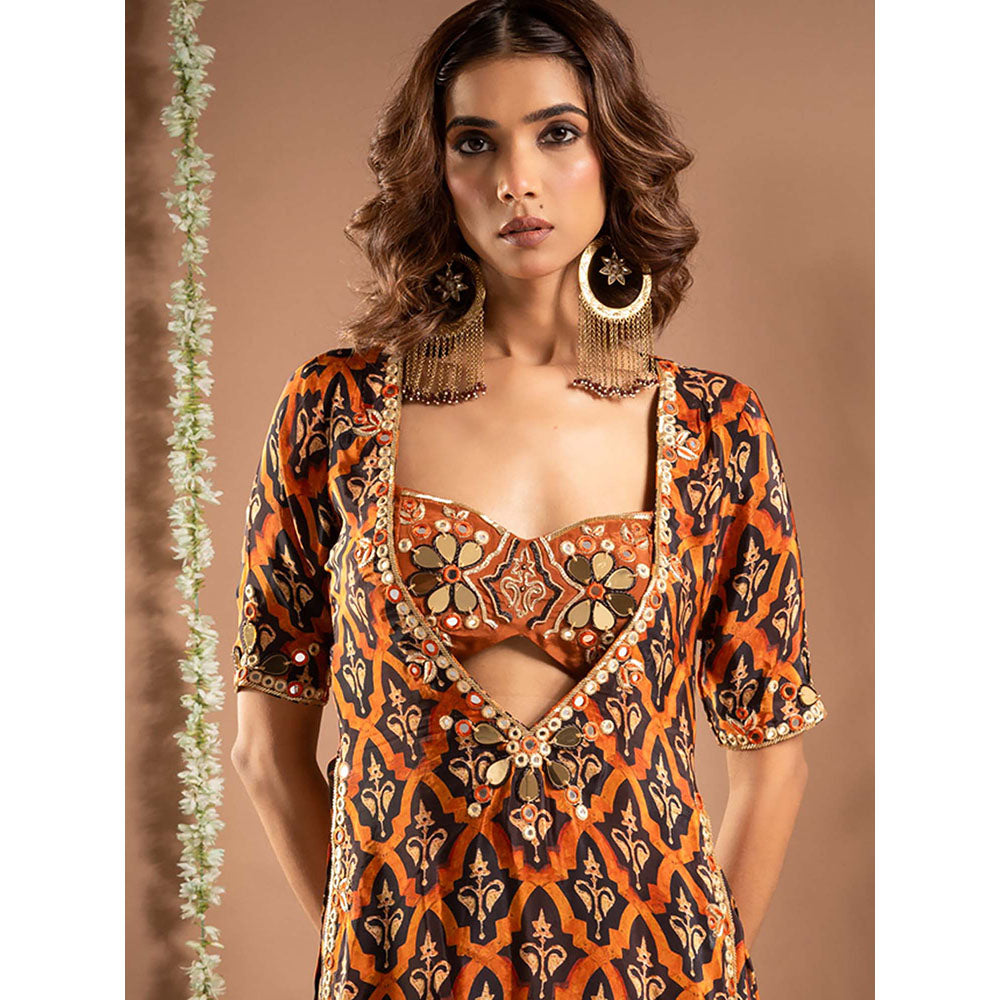 AHI Clothing Black Crepe Sweetheart Printed Kurta with Blouse and Palazzo