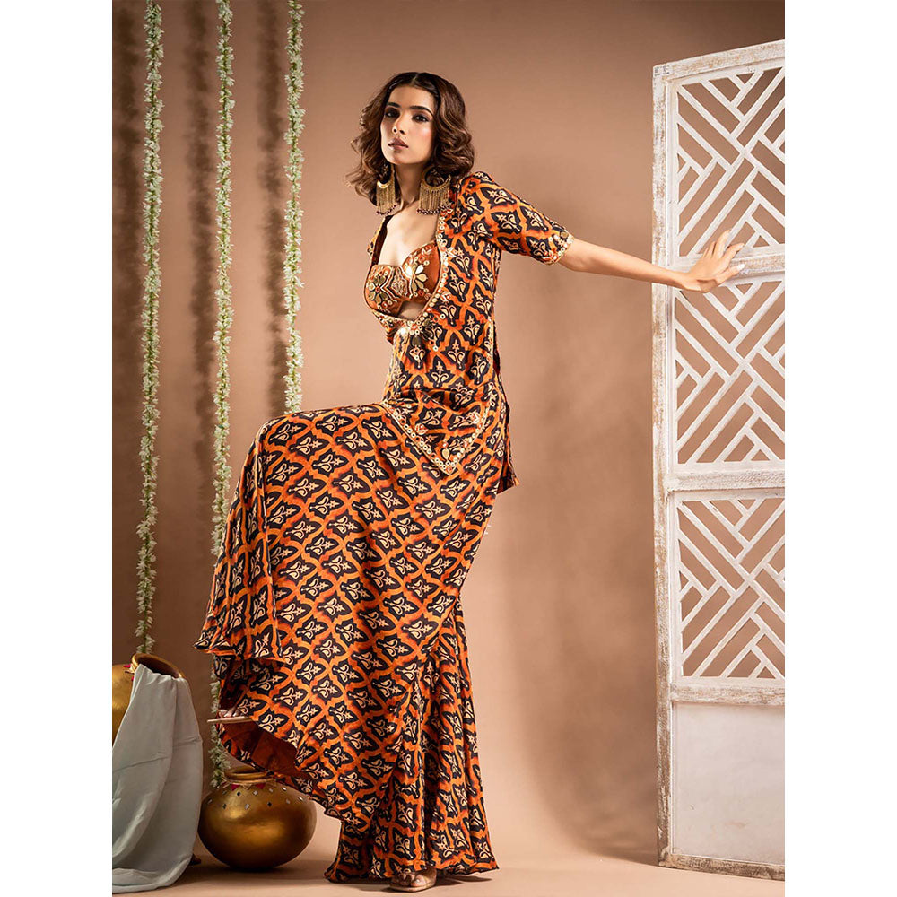 AHI Clothing Black Crepe Sweetheart Printed Kurta with Blouse and Palazzo