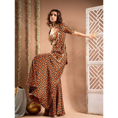 AHI Clothing Black Crepe Sweetheart Printed Kurta with Blouse and Palazzo