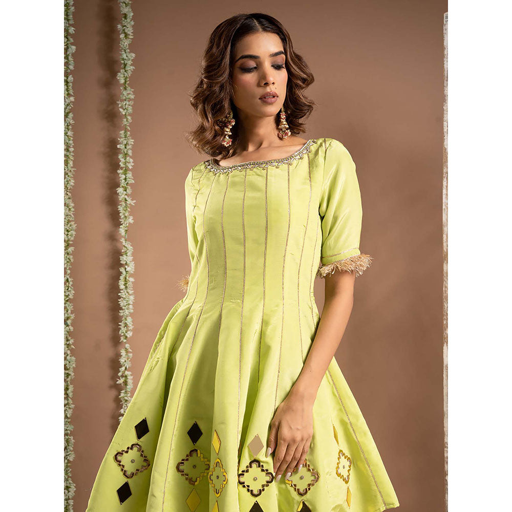 AHI Clothing Green Crepe Boat Neck Embroidered Anarkali Kurta with Salwar and Dupatta