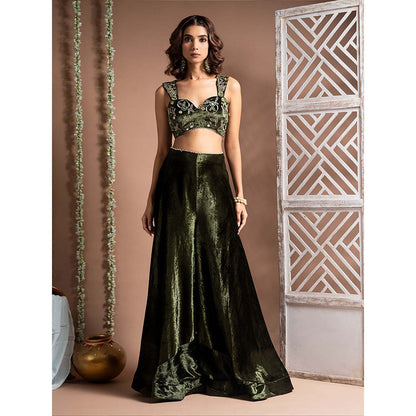 AHI Clothing Green Velvet Sweetheart Embroidered Palazzo with Blouse