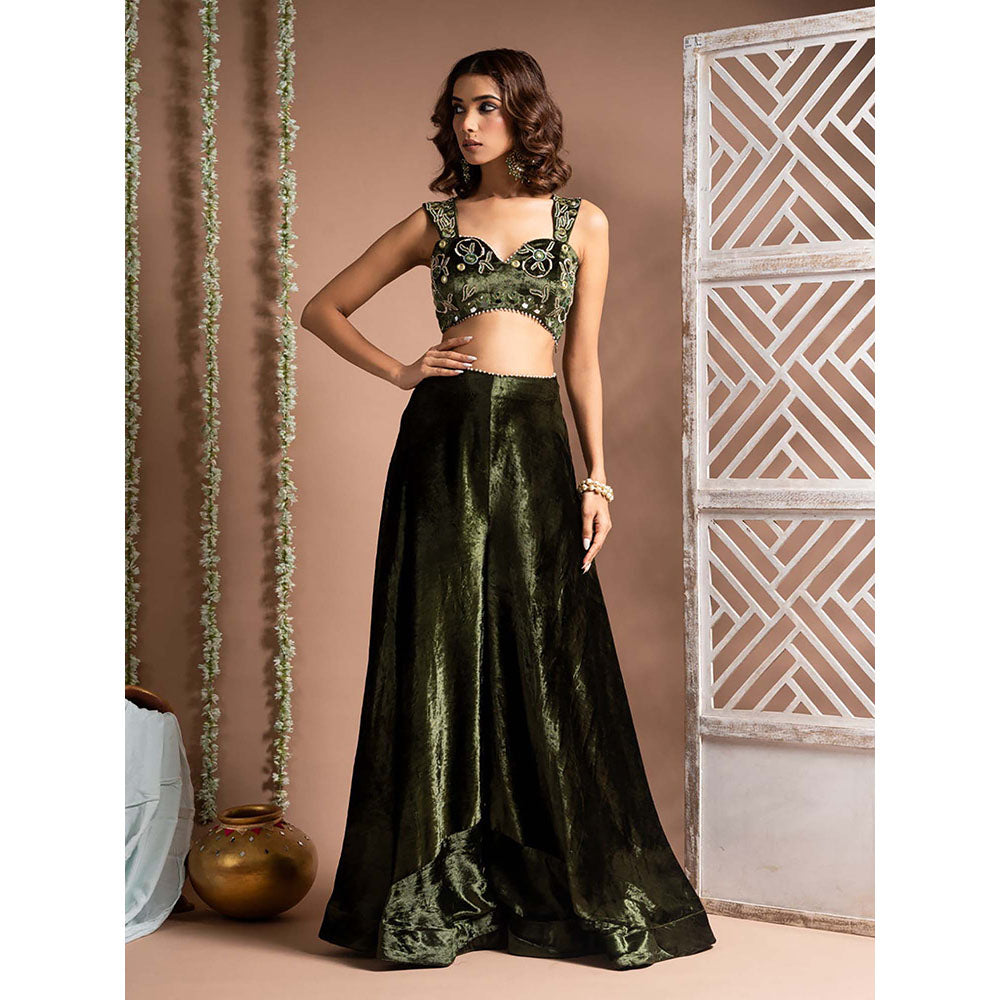 AHI Clothing Green Velvet Sweetheart Embroidered Palazzo with Blouse