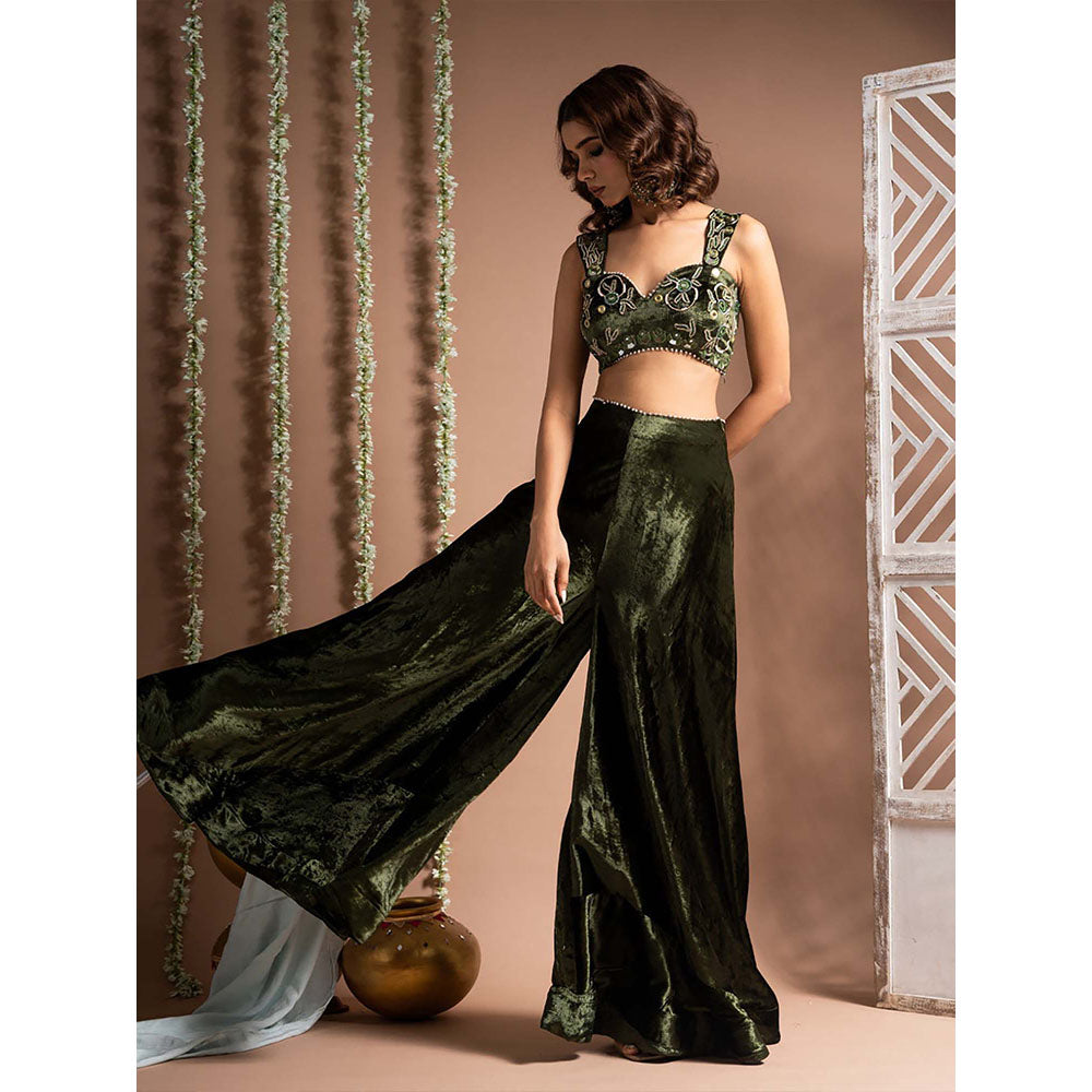 AHI Clothing Green Velvet Sweetheart Embroidered Palazzo with Blouse