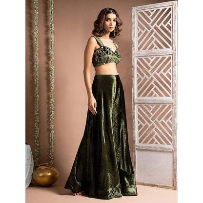 AHI Clothing Green Velvet Sweetheart Embroidered Palazzo with Blouse