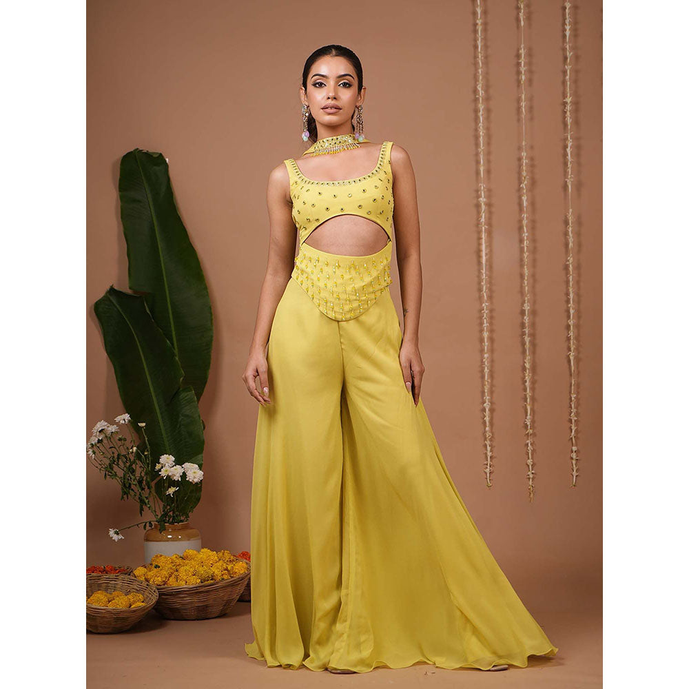 AHI Clothing Green Georgette Round Neck Embroidered Top with Palazzo with Dupatta