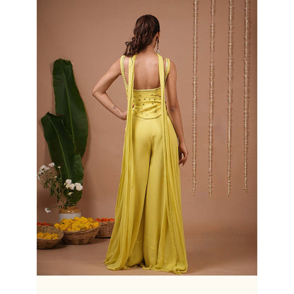 AHI Clothing Green Georgette Round Neck Embroidered Top with Palazzo with Dupatta