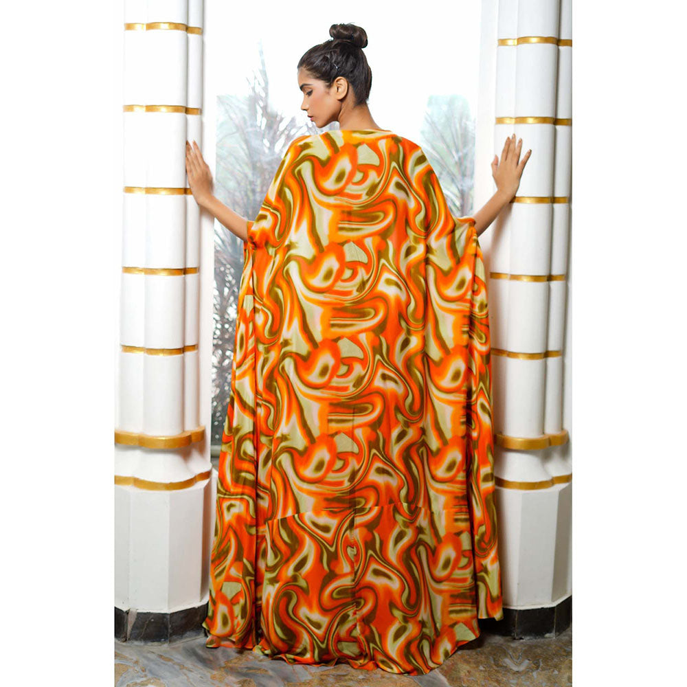 AHI Clothing Multi-Colour Crepe Sweetheart Abstract Bustier with Palazzo and Shrug