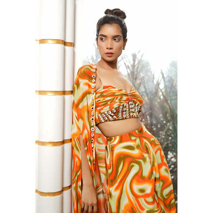 AHI Clothing Multi-Colour Crepe Sweetheart Abstract Bustier with Palazzo and Shrug