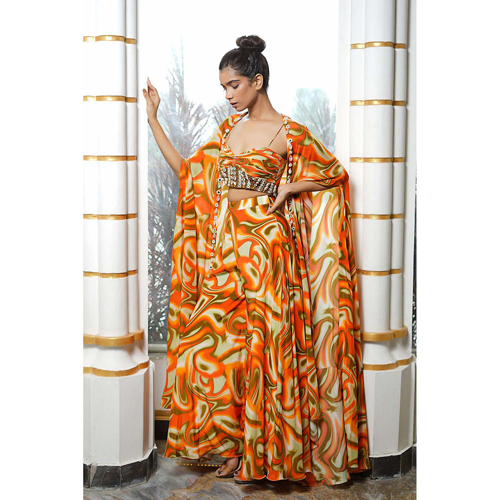 AHI Clothing Multi-Colour Crepe Sweetheart Abstract Bustier with Palazzo and Shrug