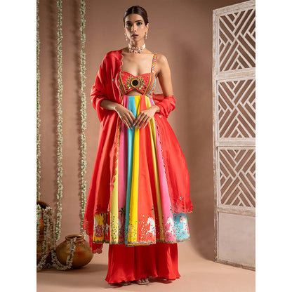 AHI Clothing Red Crepe Sweetheart Printed Anarkali with Palazzo and Dupatta