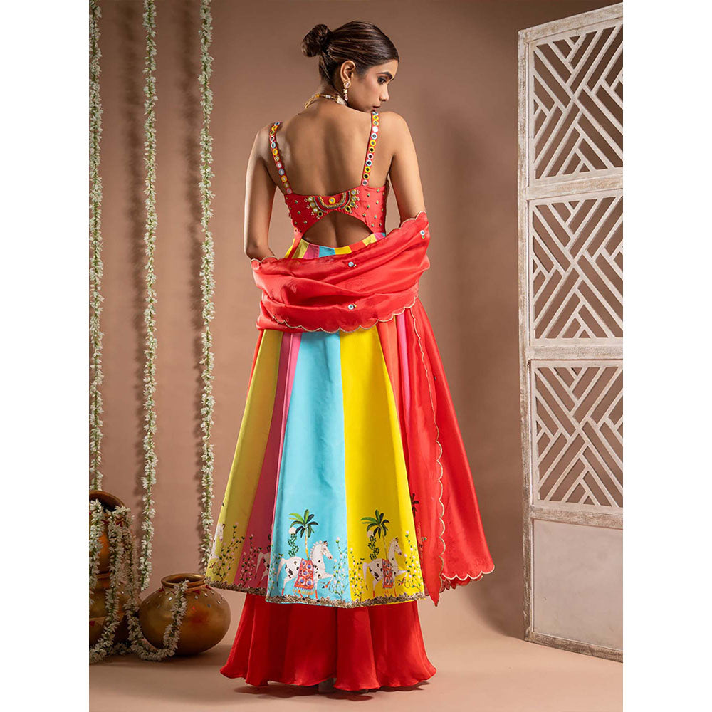 AHI Clothing Red Crepe Sweetheart Printed Anarkali with Palazzo and Dupatta