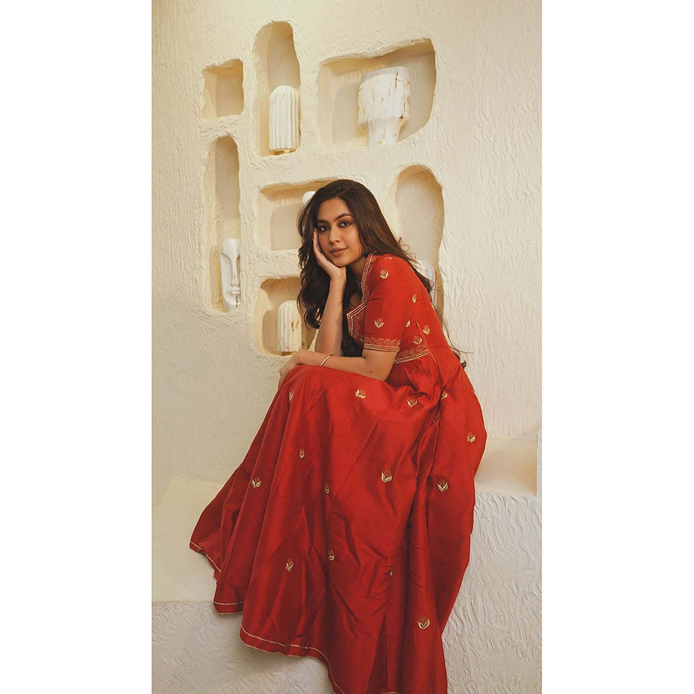 AHI Clothing Red Silk V-Neck Embroidered Anarkali with Palazzo and Dupatta