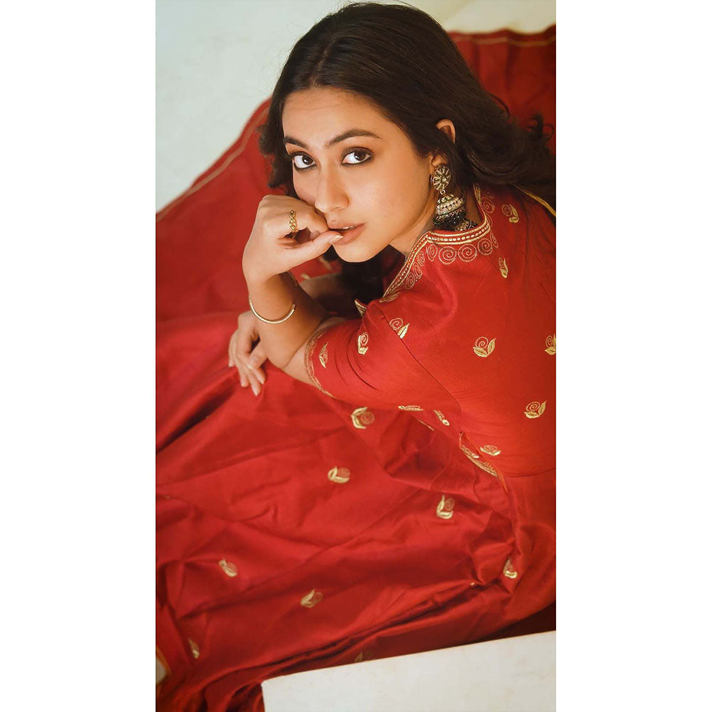 AHI Clothing Red Silk V-Neck Embroidered Anarkali with Palazzo and Dupatta