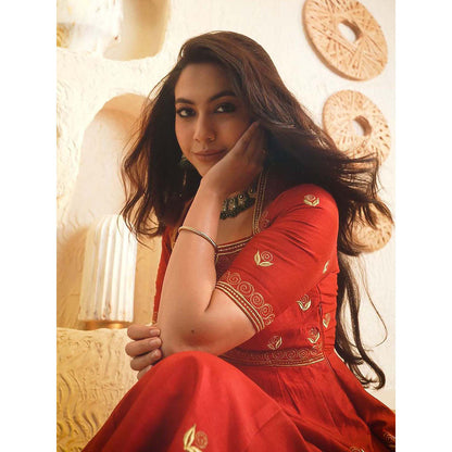 AHI Clothing Red Silk V-Neck Embroidered Anarkali with Palazzo and Dupatta