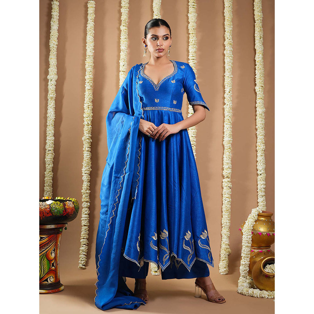 AHI Clothing Blue Silk Sweetheart Embroidered Anarkali with Palazzo and Dupatta